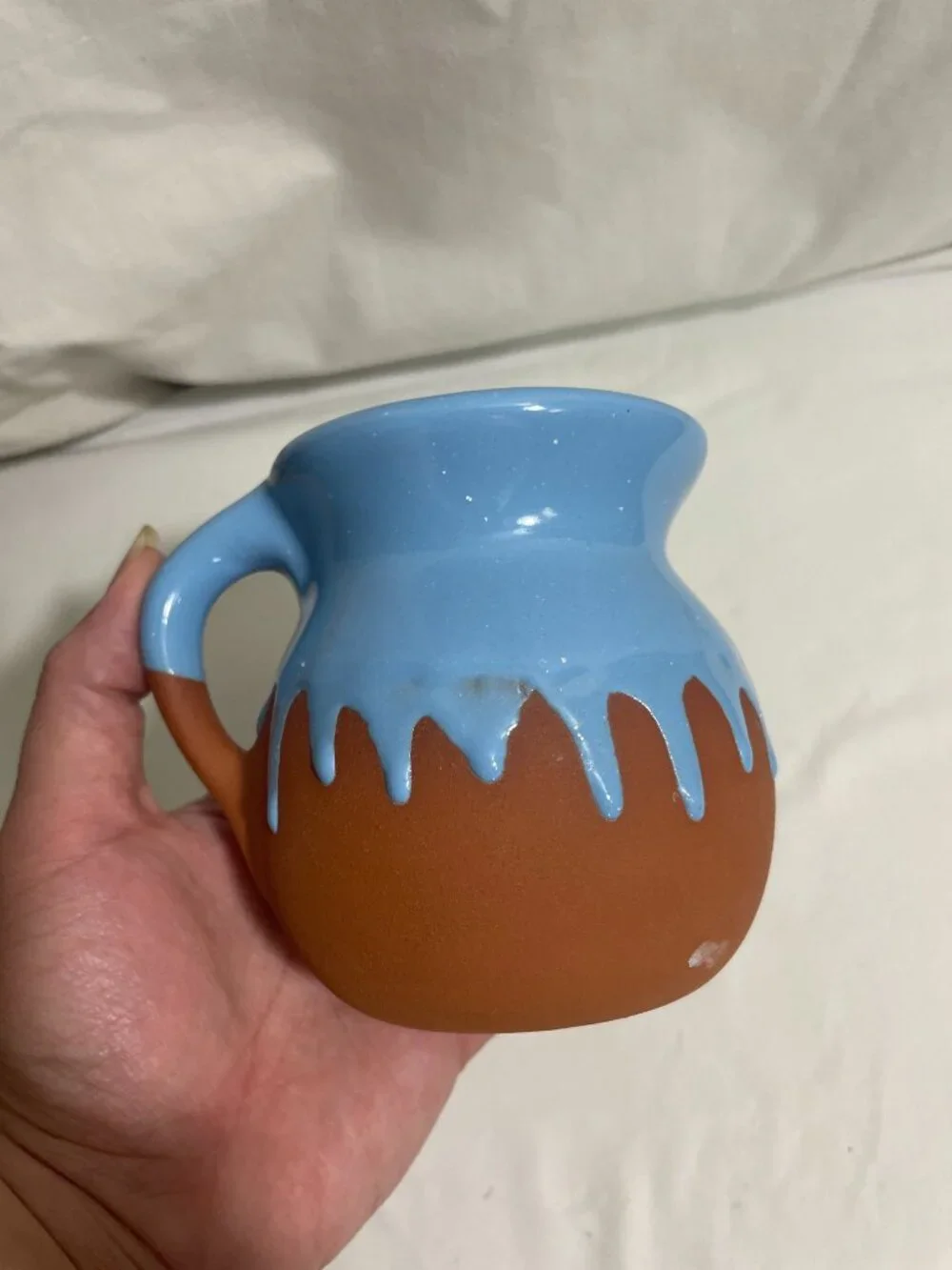 Blue Drip Glaze Pottery Creamer Pitcher Small Rustic Terracotta Milk Jug